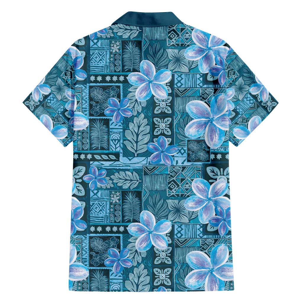 Cyan Hawaii Plumeria With Tropical Flowers Motifs Family Matching Off Shoulder Short Dress and Hawaiian Shirt