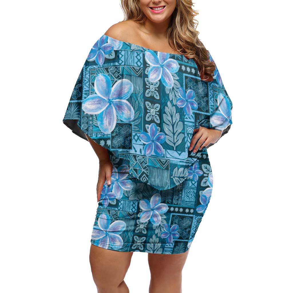 Cyan Hawaii Plumeria With Tropical Flowers Motifs Family Matching Off Shoulder Short Dress and Hawaiian Shirt