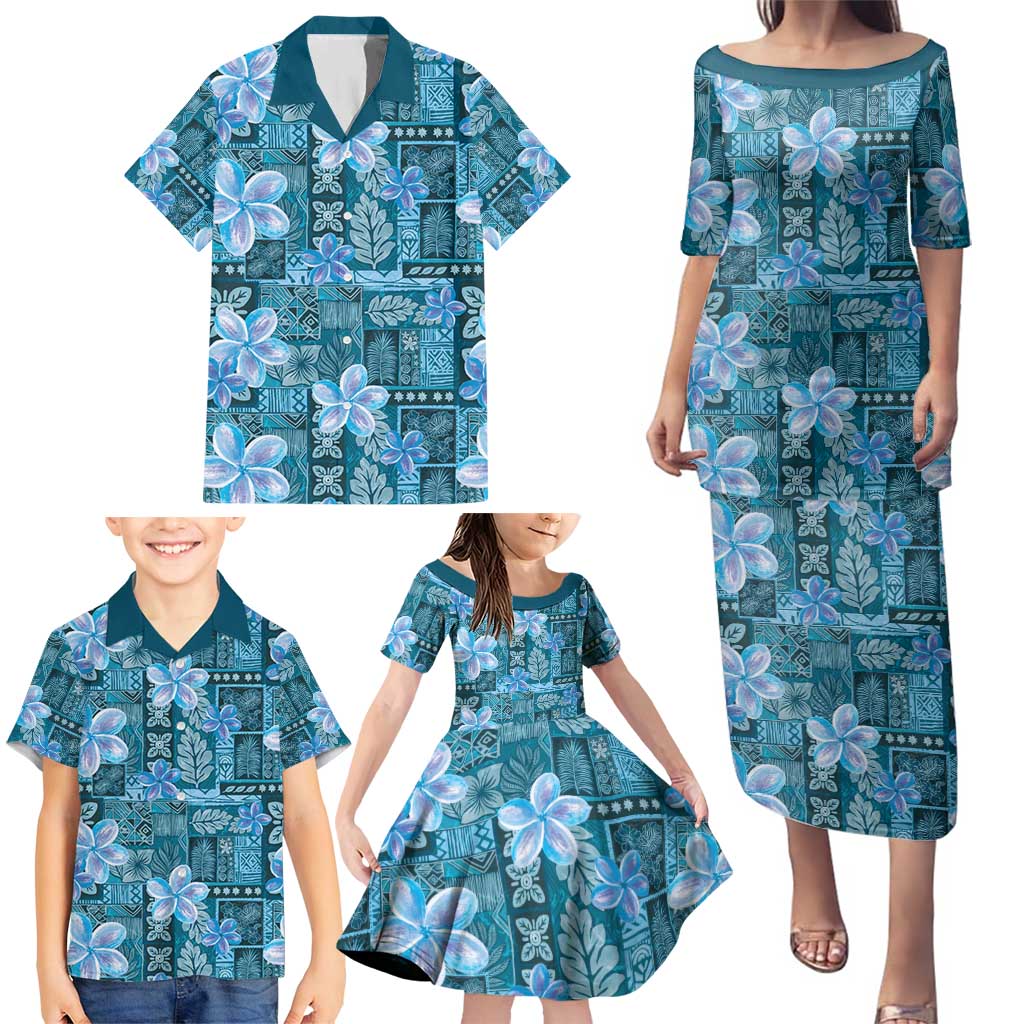 Cyan Hawaii Plumeria With Tropical Flowers Motifs Family Matching Puletasi and Hawaiian Shirt