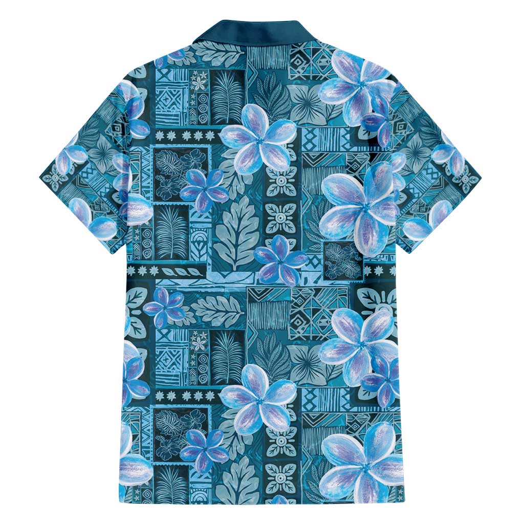 Cyan Hawaii Plumeria With Tropical Flowers Motifs Family Matching Short Sleeve Bodycon Dress and Hawaiian Shirt