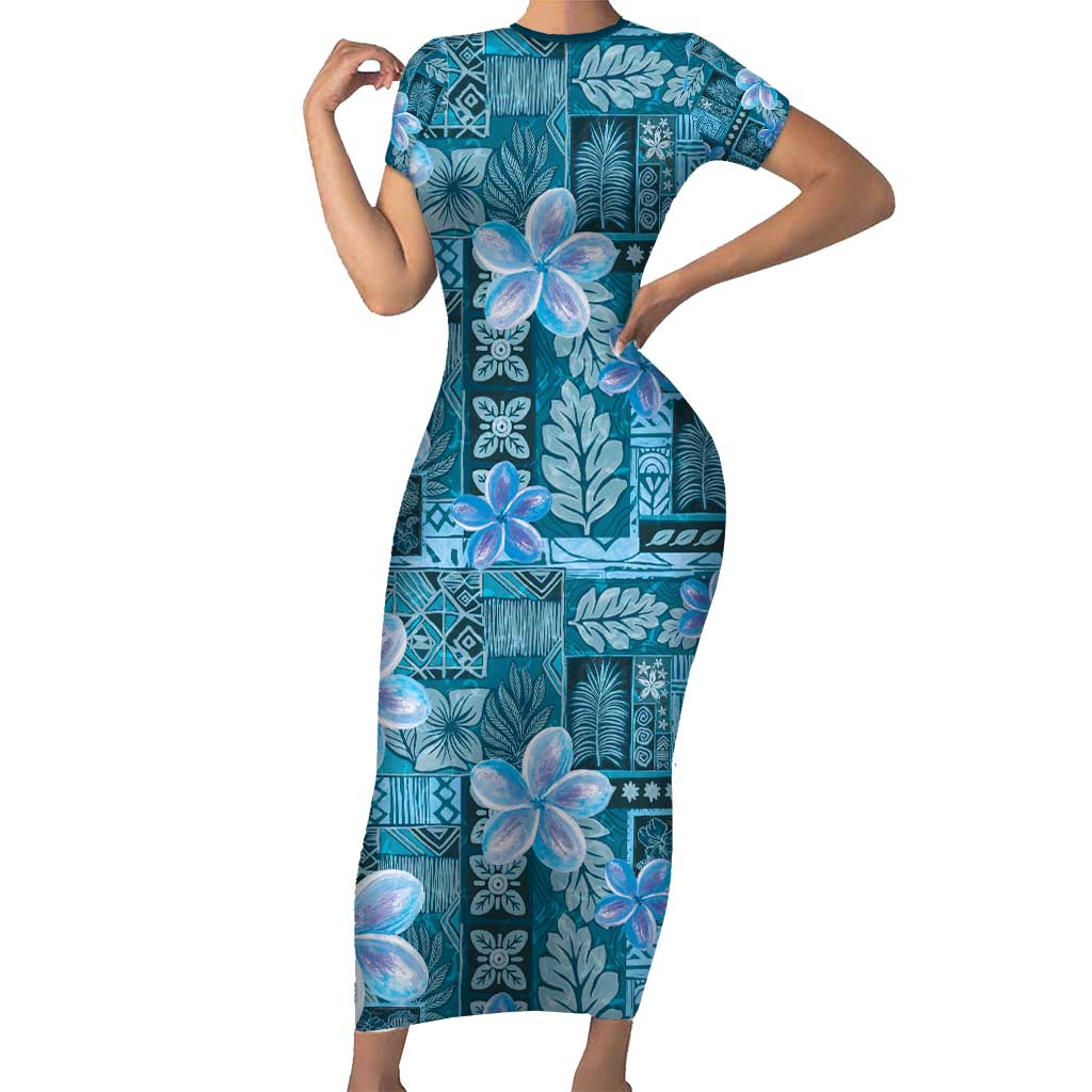 Cyan Hawaii Plumeria With Tropical Flowers Motifs Family Matching Short Sleeve Bodycon Dress and Hawaiian Shirt