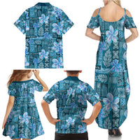 Cyan Hawaii Plumeria With Tropical Flowers Motifs Family Matching Summer Maxi Dress and Hawaiian Shirt