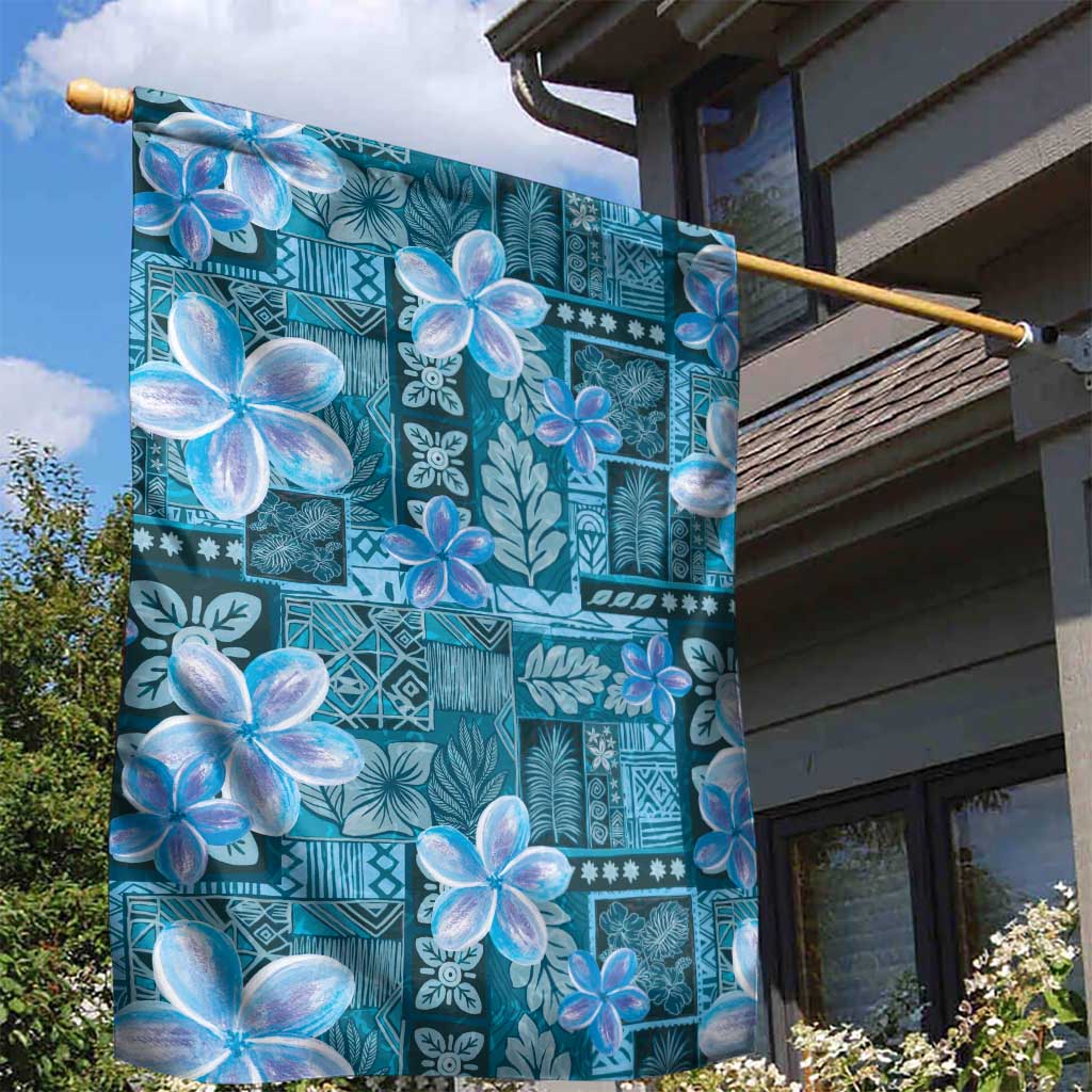 Cyan Hawaii Plumeria With Tropical Flowers Motifs Garden Flag