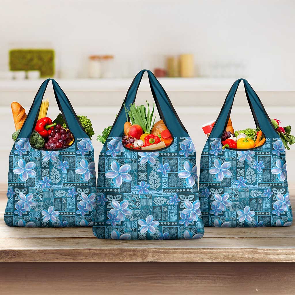 Cyan Hawaii Plumeria With Tropical Flowers Motifs Grocery Bag