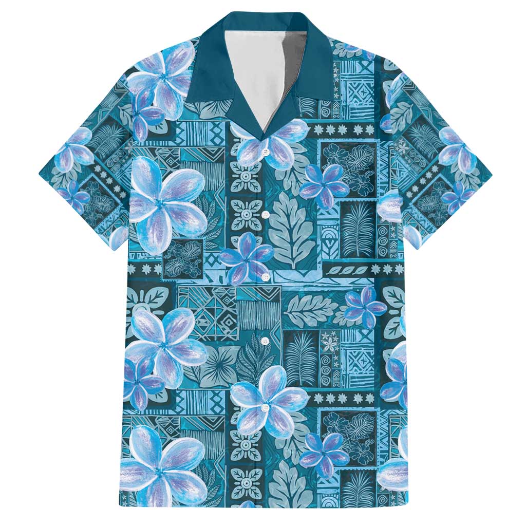 Cyan Hawaii Plumeria With Tropical Flowers Motifs Hawaiian Shirt