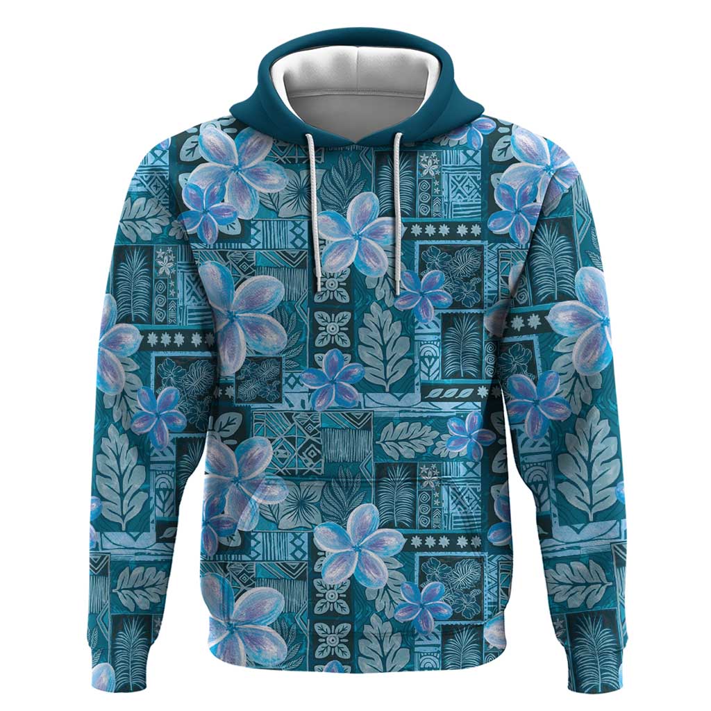 Cyan Hawaii Plumeria With Tropical Flowers Motifs Hoodie
