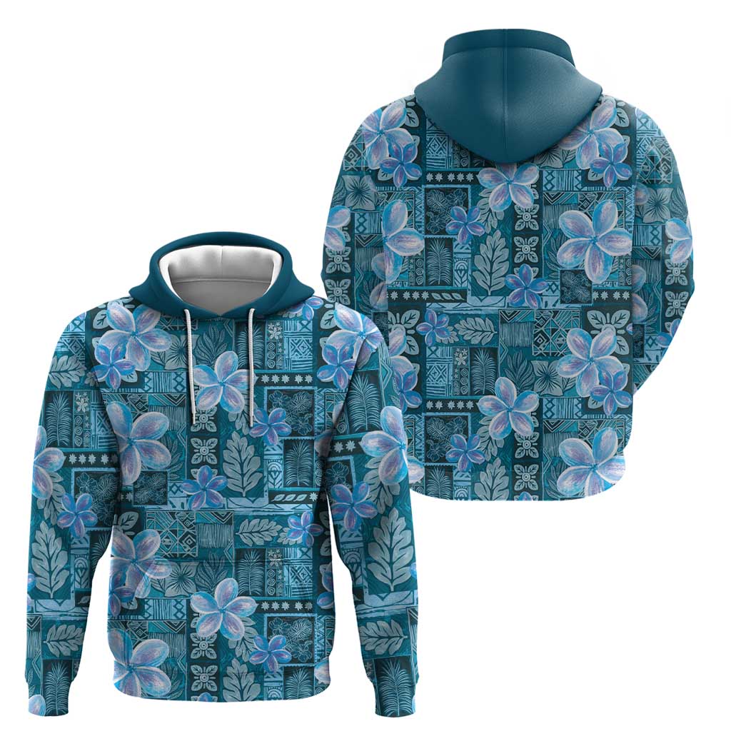 Cyan Hawaii Plumeria With Tropical Flowers Motifs Hoodie