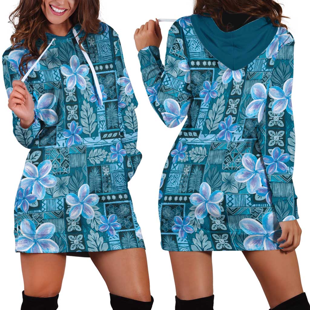 Cyan Hawaii Plumeria With Tropical Flowers Motifs Hoodie Dress