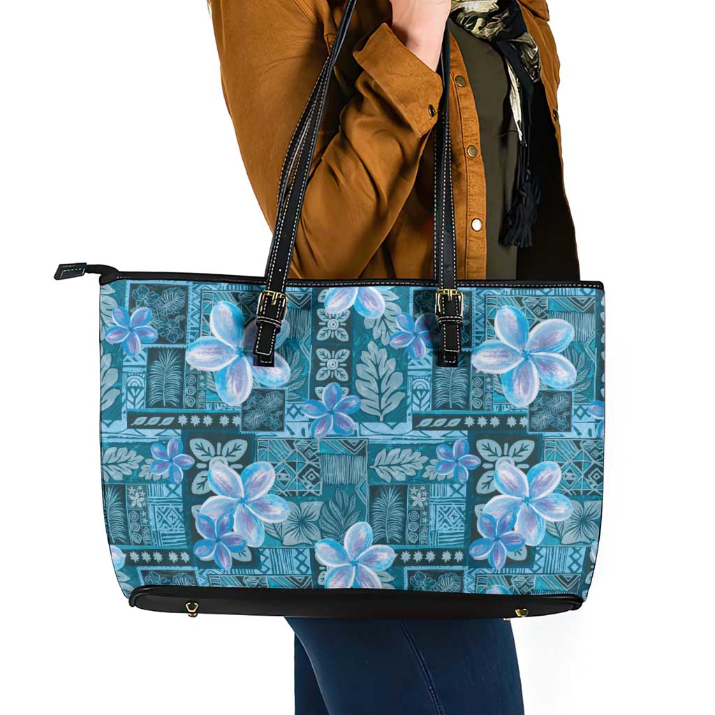 Cyan Hawaii Plumeria With Tropical Flowers Motifs Leather Tote Bag