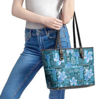 Cyan Hawaii Plumeria With Tropical Flowers Motifs Leather Tote Bag