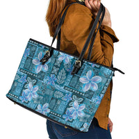 Cyan Hawaii Plumeria With Tropical Flowers Motifs Leather Tote Bag
