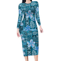 Cyan Hawaii Plumeria With Tropical Flowers Motifs Long Sleeve Bodycon Dress