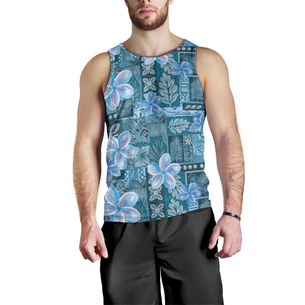 Cyan Hawaii Plumeria With Tropical Flowers Motifs Men Tank Top