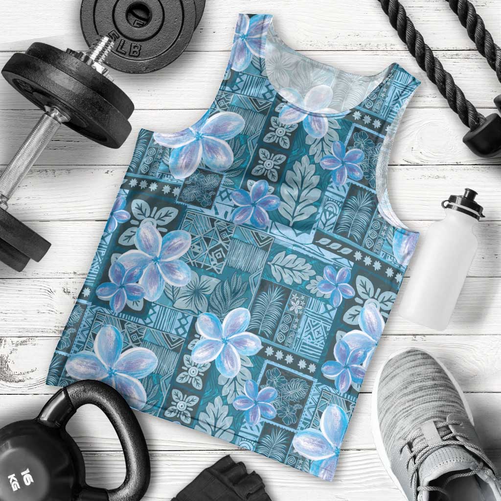 Cyan Hawaii Plumeria With Tropical Flowers Motifs Men Tank Top