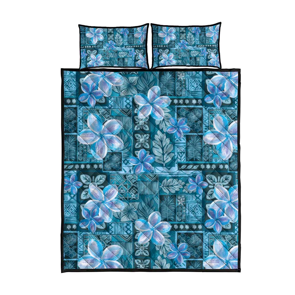 Cyan Hawaii Plumeria With Tropical Flowers Motifs Quilt Bed Set