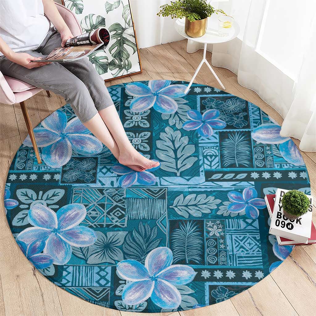 Cyan Hawaii Plumeria With Tropical Flowers Motifs Round Carpet