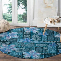 Cyan Hawaii Plumeria With Tropical Flowers Motifs Round Carpet