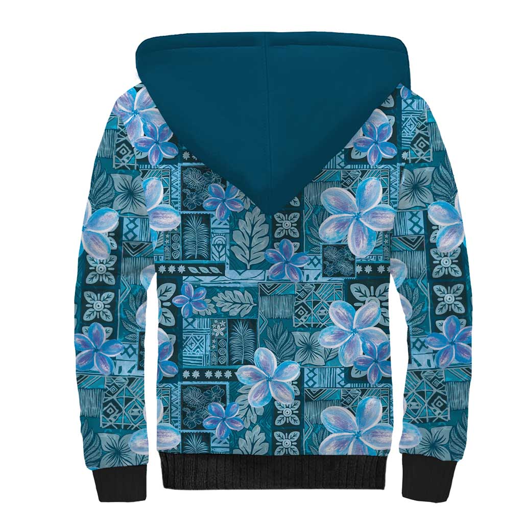 Cyan Hawaii Plumeria With Tropical Flowers Motifs Sherpa Hoodie