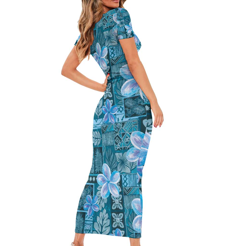 Cyan Hawaii Plumeria With Tropical Flowers Motifs Short Sleeve Bodycon Dress