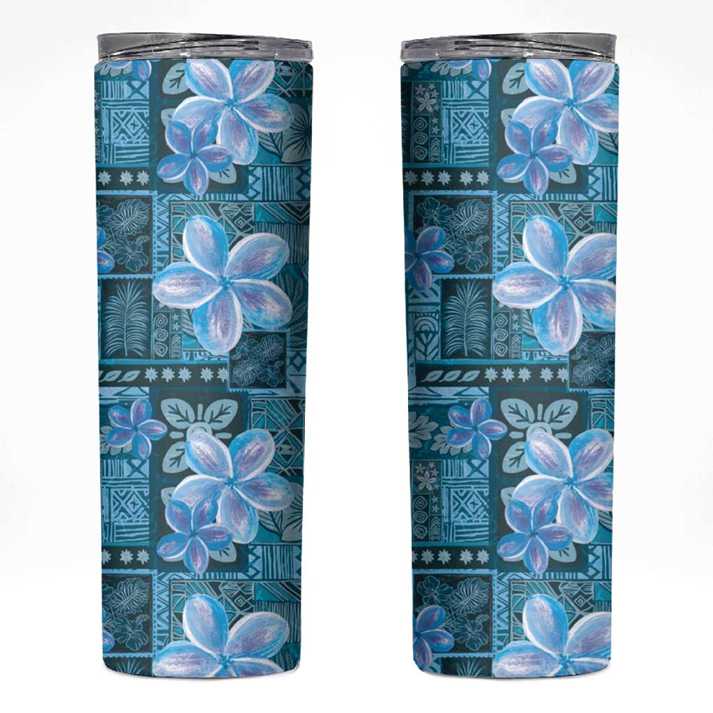 Cyan Hawaii Plumeria With Tropical Flowers Motifs Skinny Tumbler