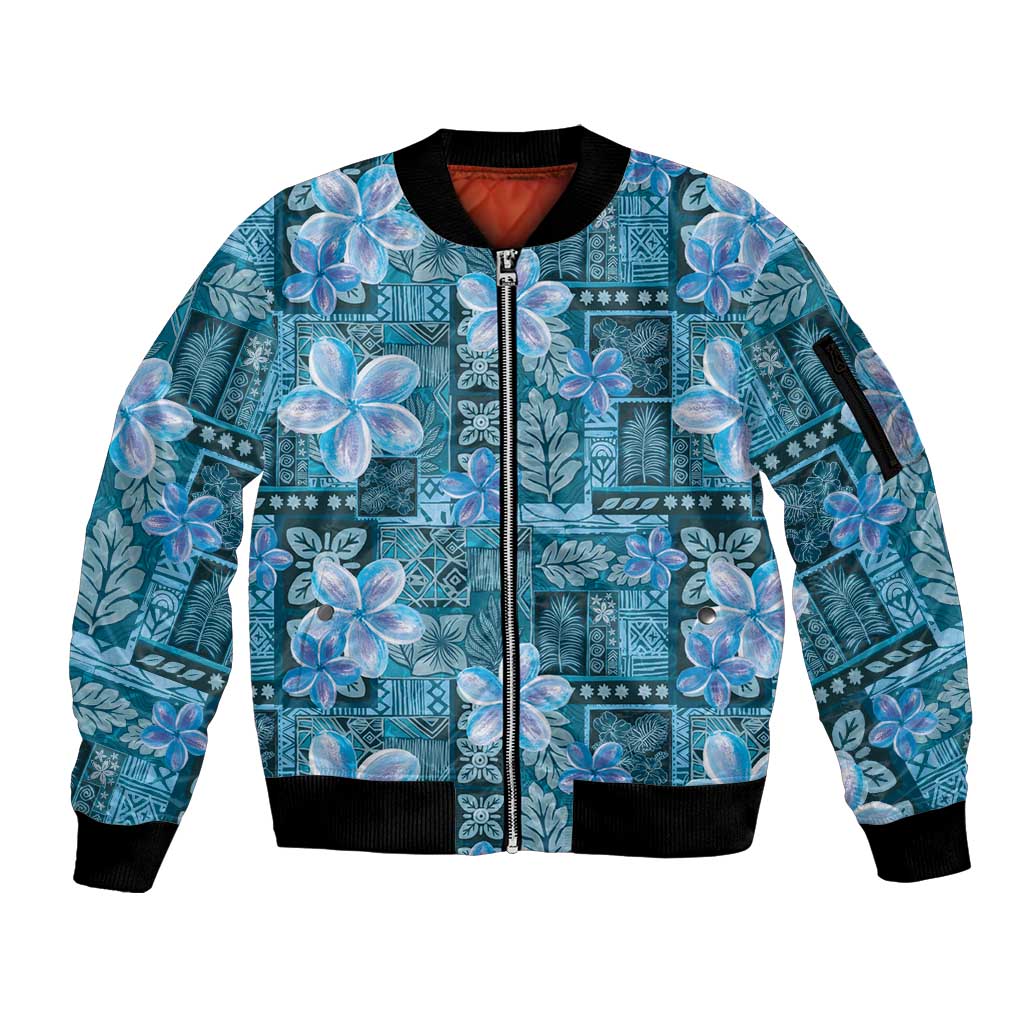 Cyan Hawaii Plumeria With Tropical Flowers Motifs Sleeve Zip Bomber Jacket