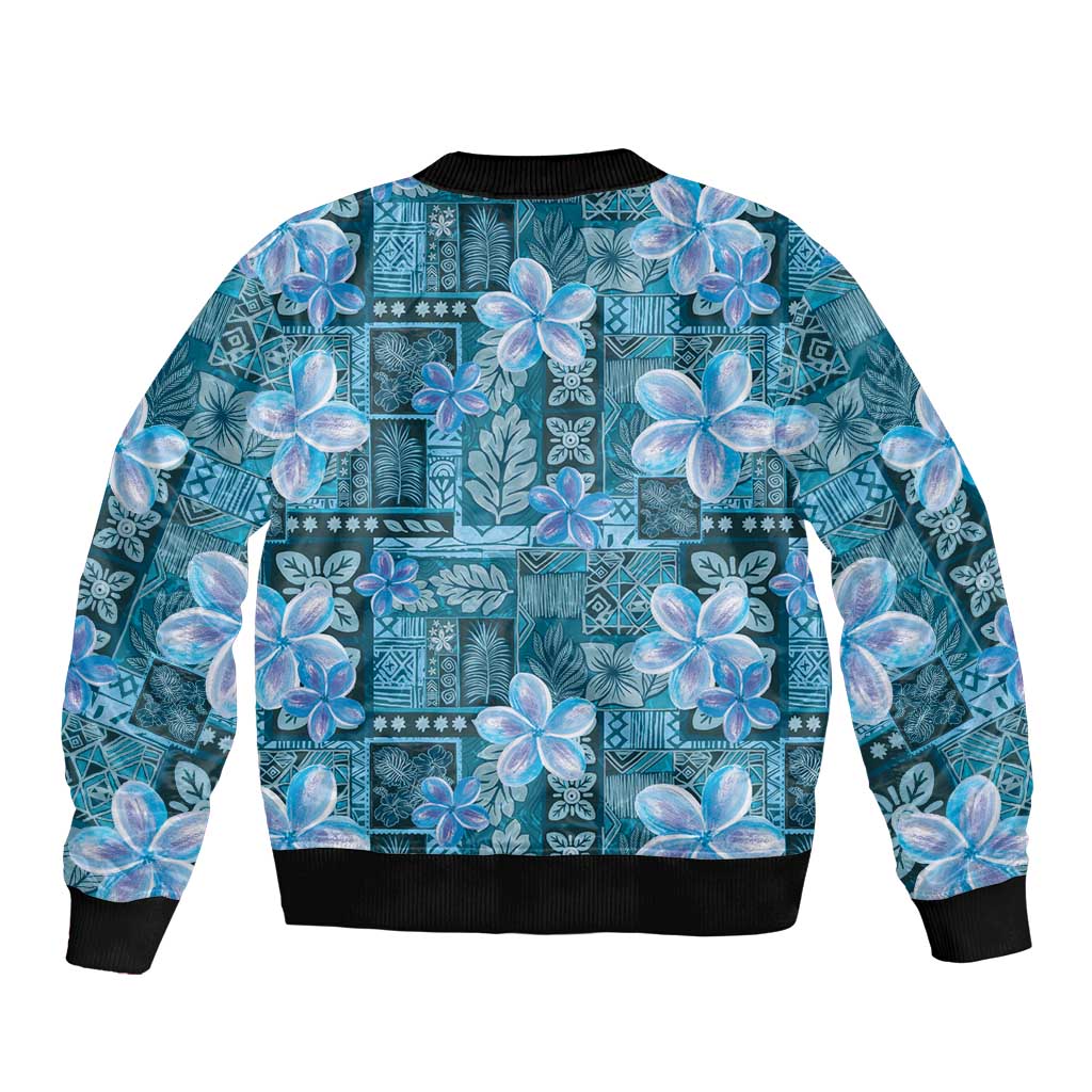 Cyan Hawaii Plumeria With Tropical Flowers Motifs Sleeve Zip Bomber Jacket
