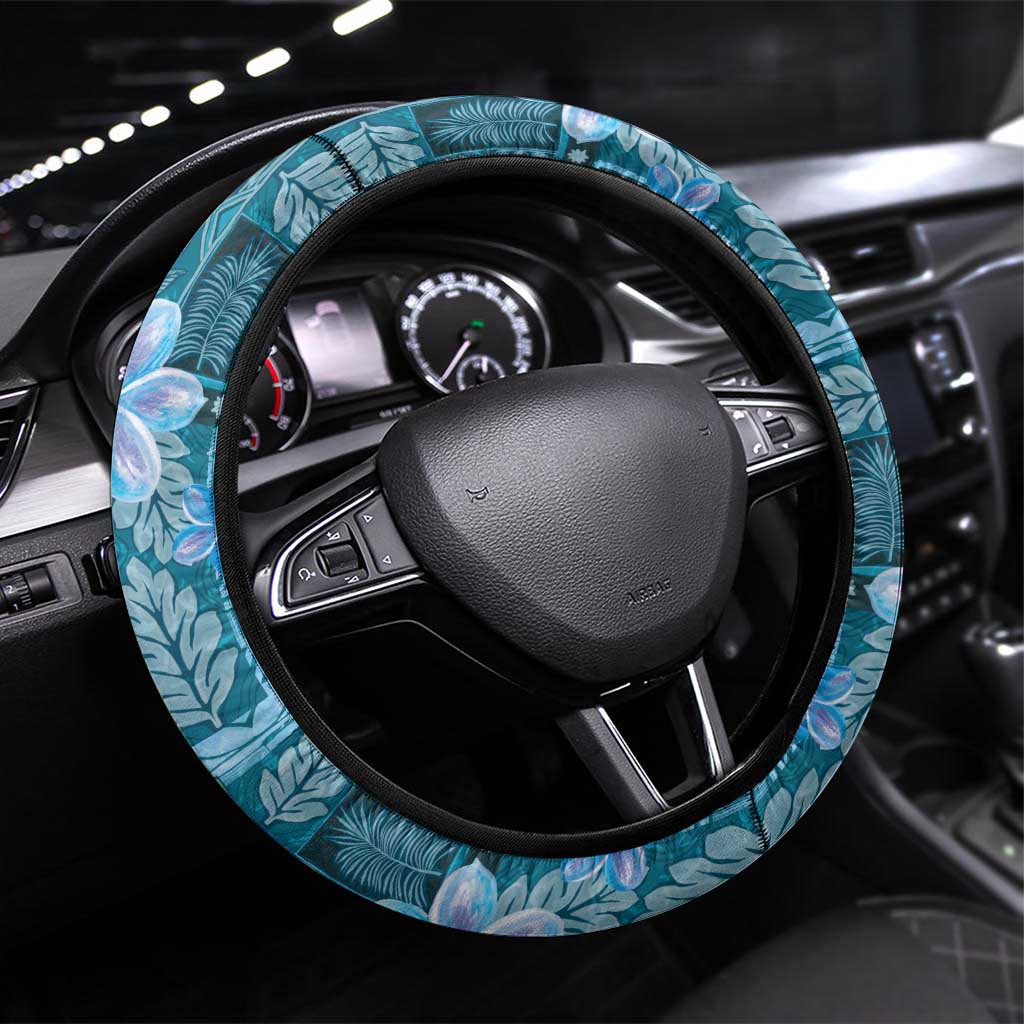 Cyan Hawaii Plumeria With Tropical Flowers Motifs Steering Wheel Cover