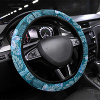 Cyan Hawaii Plumeria With Tropical Flowers Motifs Steering Wheel Cover