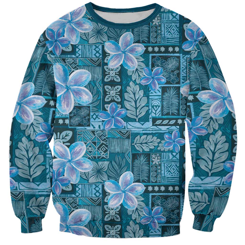 Cyan Hawaii Plumeria With Tropical Flowers Motifs Sweatshirt LT14 Unisex Cyan - Polynesian Pride