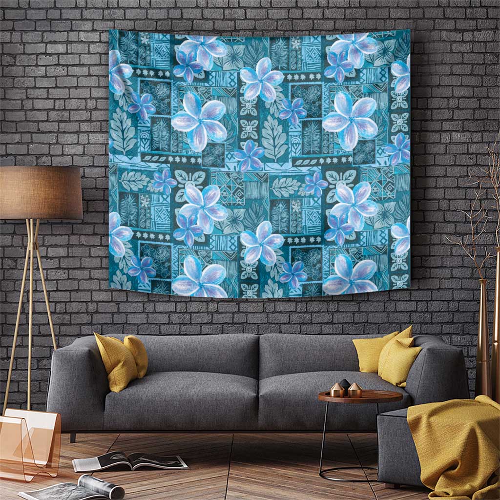 Cyan Hawaii Plumeria With Tropical Flowers Motifs Tapestry
