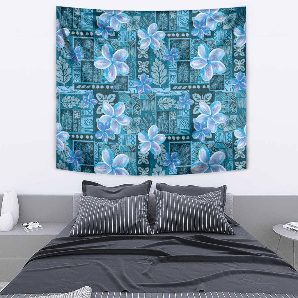 Cyan Hawaii Plumeria With Tropical Flowers Motifs Tapestry