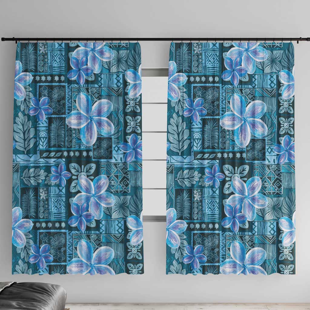 Cyan Hawaii Plumeria With Tropical Flowers Motifs Window Curtain