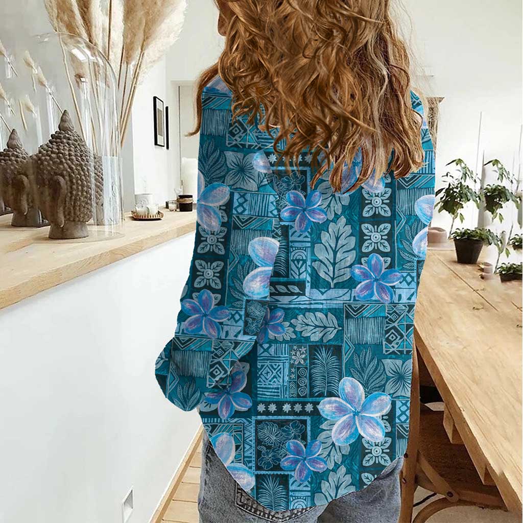 Cyan Hawaii Plumeria With Tropical Flowers Motifs Women Casual Shirt