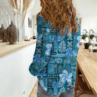 Cyan Hawaii Plumeria With Tropical Flowers Motifs Women Casual Shirt