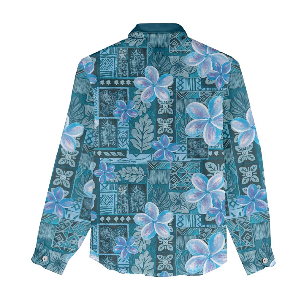 Cyan Hawaii Plumeria With Tropical Flowers Motifs Women Casual Shirt