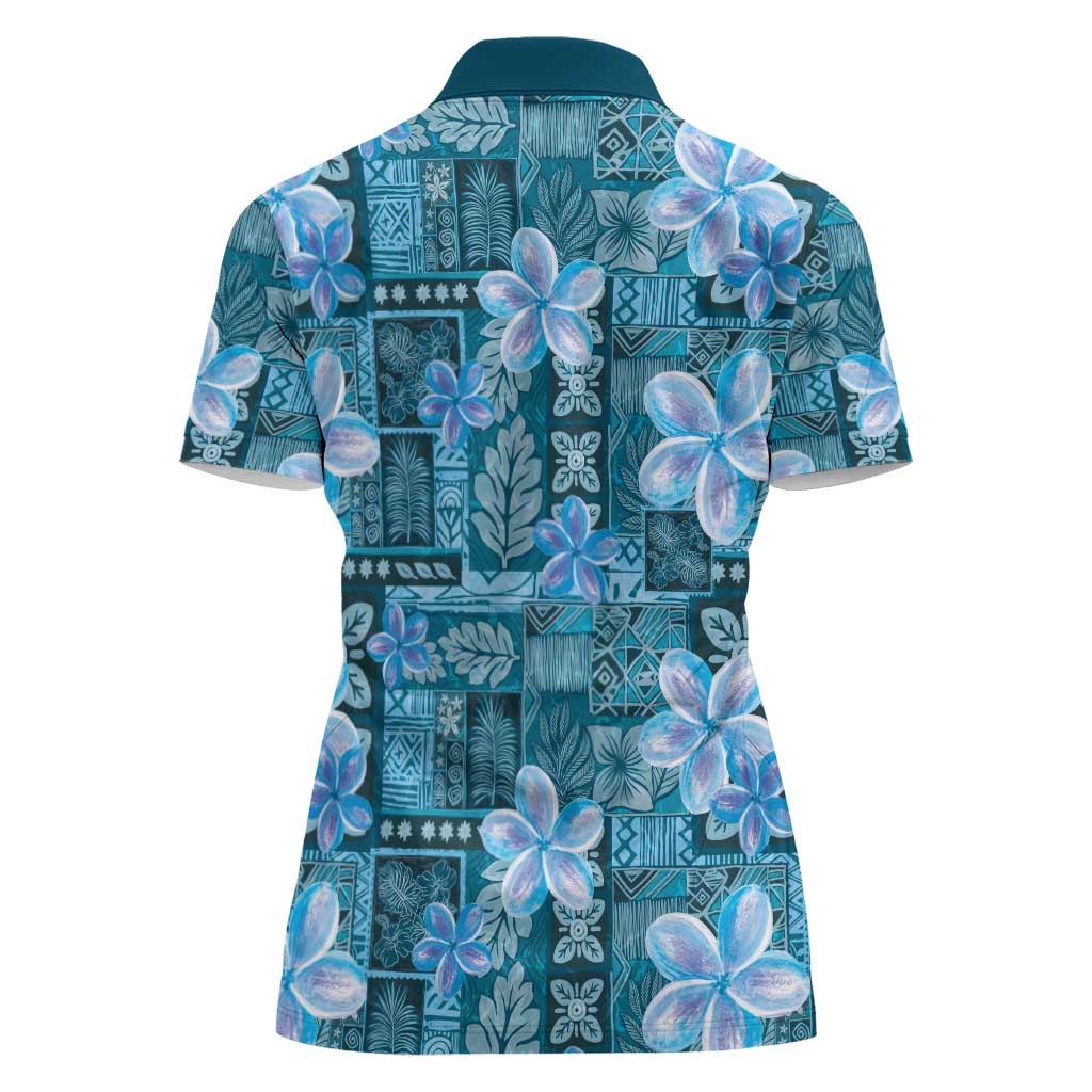 Cyan Hawaii Plumeria With Tropical Flowers Motifs Women Polo Shirt