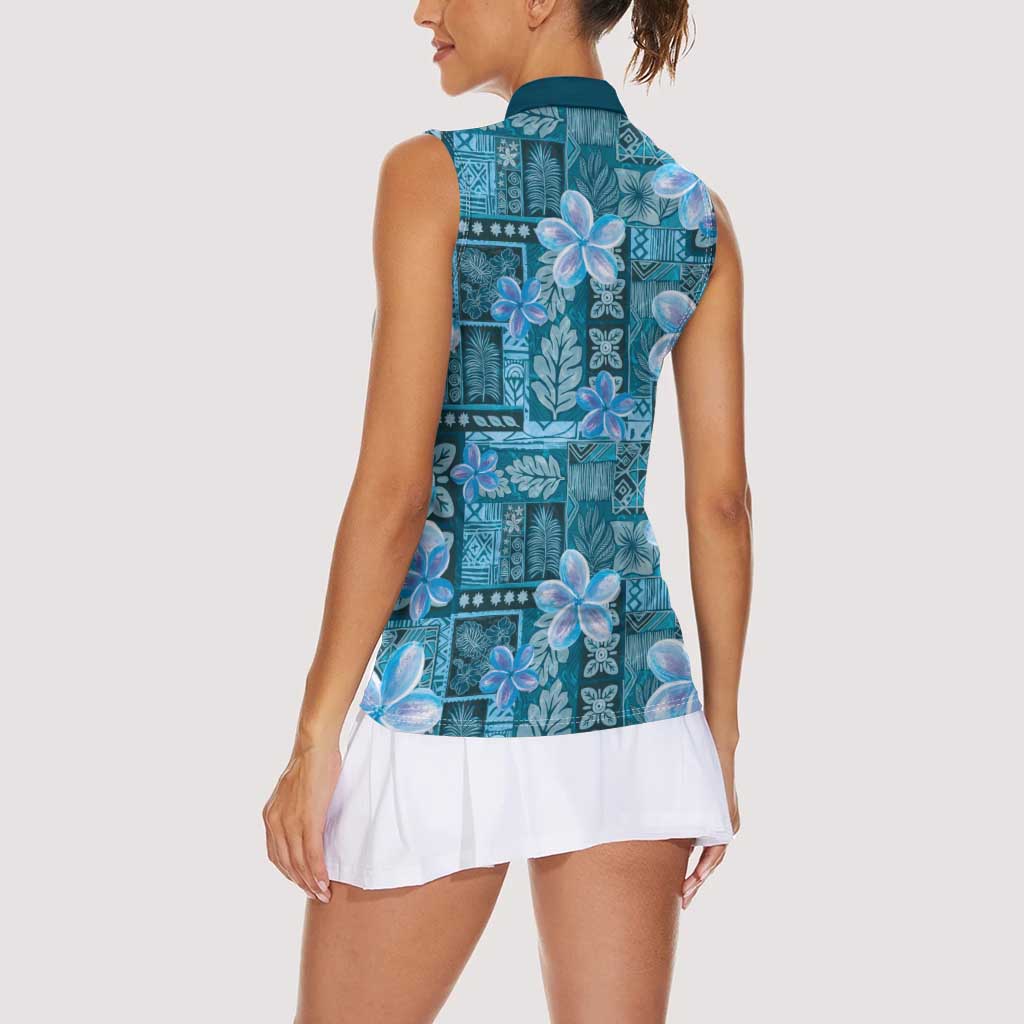 Cyan Hawaii Plumeria With Tropical Flowers Motifs Women Sleeveless Polo Shirt