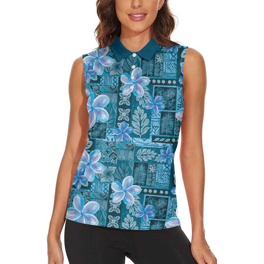 Cyan Hawaii Plumeria With Tropical Flowers Motifs Women Sleeveless Polo Shirt