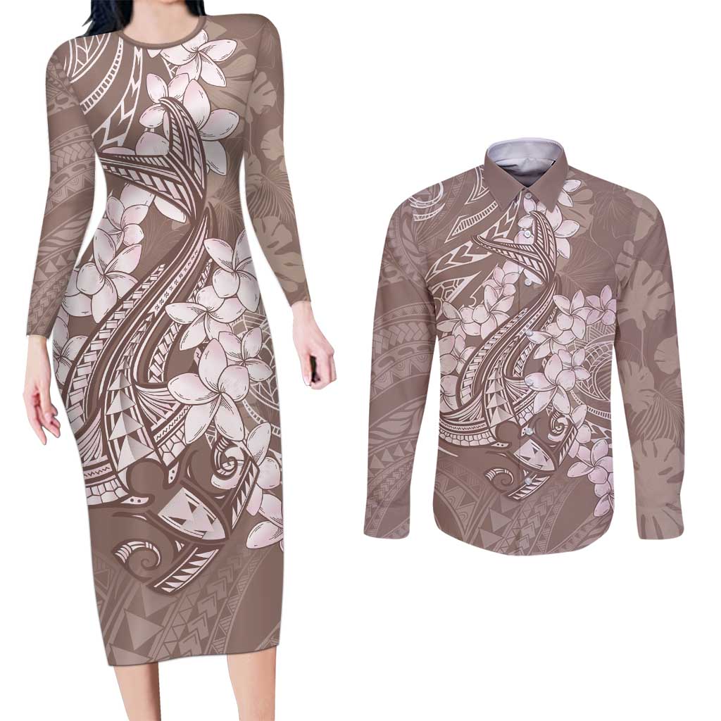 Polynesia Hammerhead Shark Tattoo With Plumeria Lei Couples Matching Long Sleeve Bodycon Dress and Long Sleeve Button Shirt