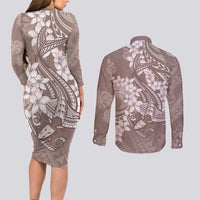 Polynesia Hammerhead Shark Tattoo With Plumeria Lei Couples Matching Long Sleeve Bodycon Dress and Long Sleeve Button Shirt