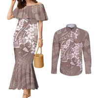 Polynesia Hammerhead Shark Tattoo With Plumeria Lei Couples Matching Mermaid Dress and Long Sleeve Button Shirt