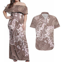 Polynesia Hammerhead Shark Tattoo With Plumeria Lei Couples Matching Off Shoulder Maxi Dress and Hawaiian Shirt