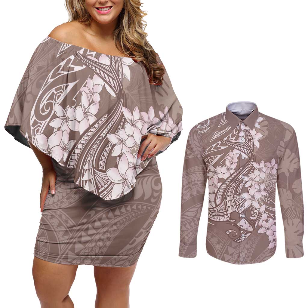 Polynesia Hammerhead Shark Tattoo With Plumeria Lei Couples Matching Off Shoulder Short Dress and Long Sleeve Button Shirt LT14 Mocha - Polynesian Pride