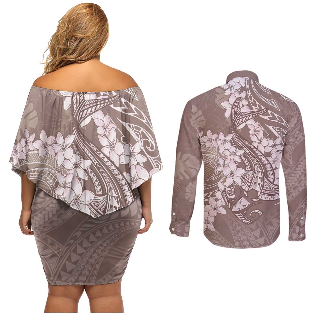 Polynesia Hammerhead Shark Tattoo With Plumeria Lei Couples Matching Off Shoulder Short Dress and Long Sleeve Button Shirt LT14 - Polynesian Pride