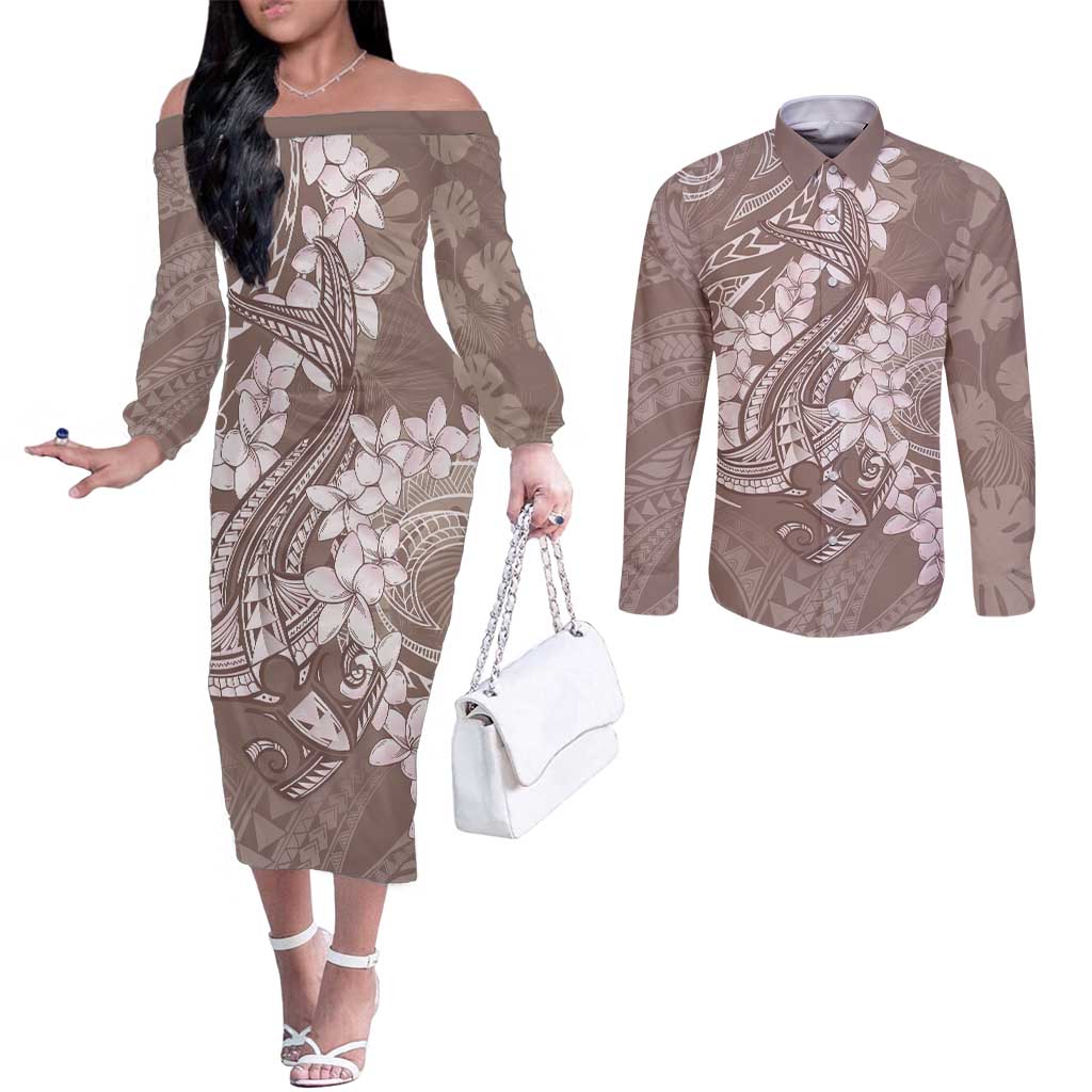 Polynesia Hammerhead Shark Tattoo With Plumeria Lei Couples Matching Off The Shoulder Long Sleeve Dress and Long Sleeve Button Shirt
