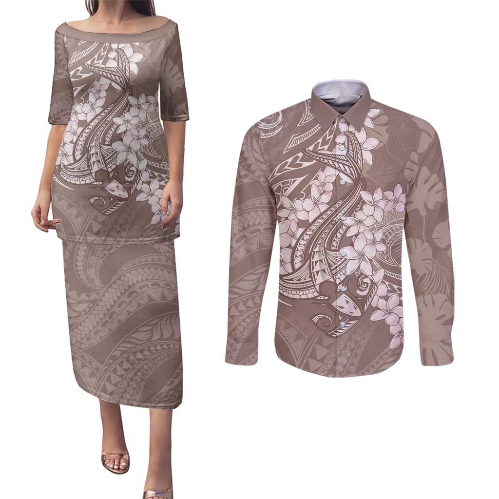 Polynesia Hammerhead Shark Tattoo With Plumeria Lei Couples Matching Puletasi and Long Sleeve Button Shirt LT14 Mocha - Polynesian Pride