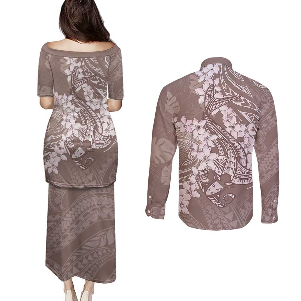 Polynesia Hammerhead Shark Tattoo With Plumeria Lei Couples Matching Puletasi and Long Sleeve Button Shirt LT14 - Polynesian Pride