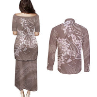Polynesia Hammerhead Shark Tattoo With Plumeria Lei Couples Matching Puletasi and Long Sleeve Button Shirt LT14 - Polynesian Pride