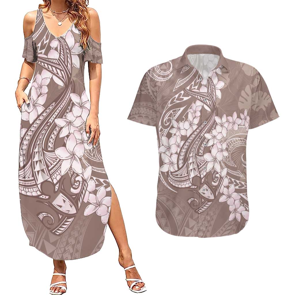 Polynesia Hammerhead Shark Tattoo With Plumeria Lei Couples Matching Summer Maxi Dress and Hawaiian Shirt