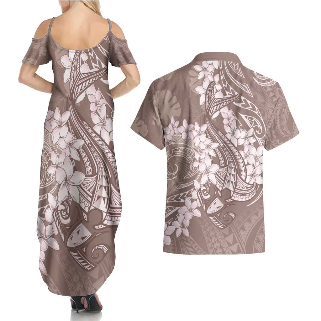 Polynesia Hammerhead Shark Tattoo With Plumeria Lei Couples Matching Summer Maxi Dress and Hawaiian Shirt